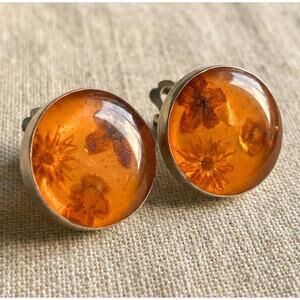 Vintage Mexico Sterling Silver Orange Resin Real Dried Flower Clip On Earrings